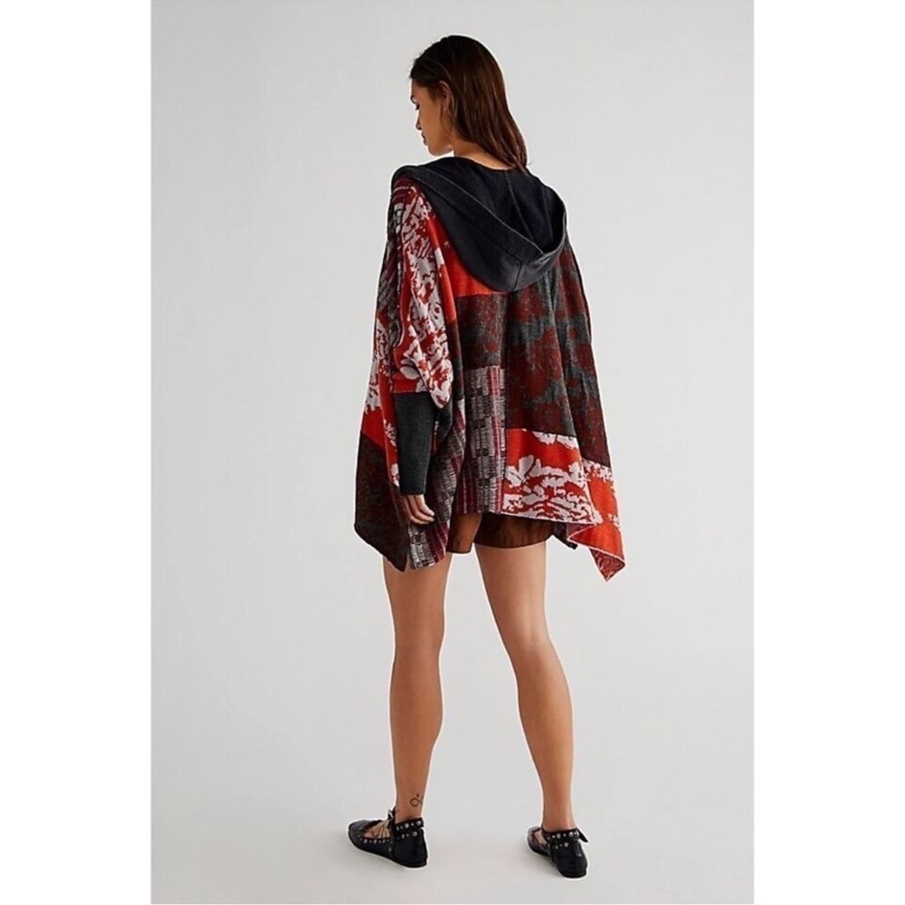 Free People Autumn Patchwork Poncho Cardigan Hood Dolman Sleeve Gray Orange M/L - Picture 2 of 11